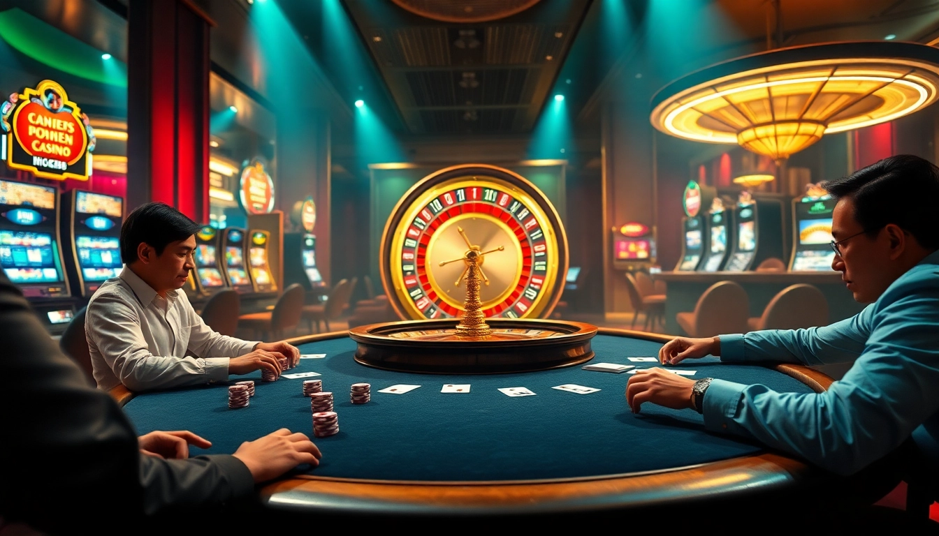 Engage in high-stakes gaming at Nhà cái Big88, featuring poker tables, roulette wheels, and vibrant slot machines.