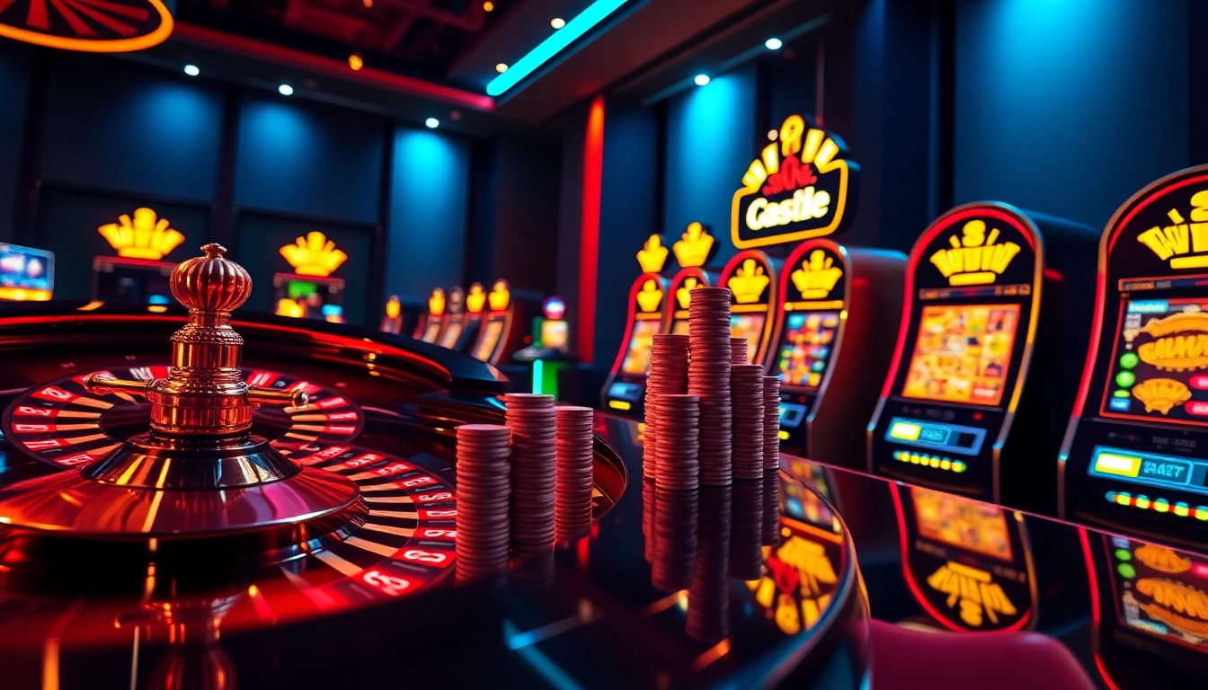 Experience the excitement of lucky.win in a luxurious casino setting with vibrant slot machines and roulette.