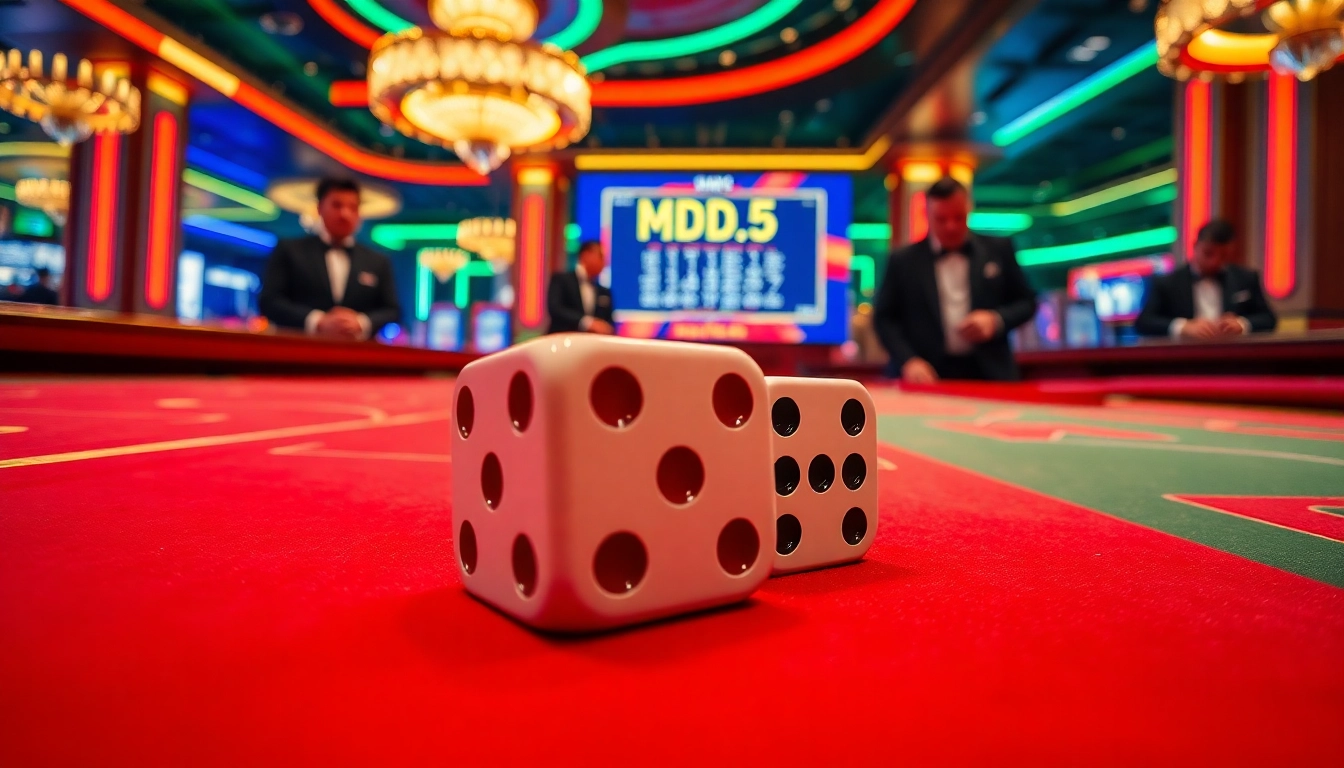 Tài Xỉu MD5 dice game being played at a vibrant casino table with digital algorithms displayed.