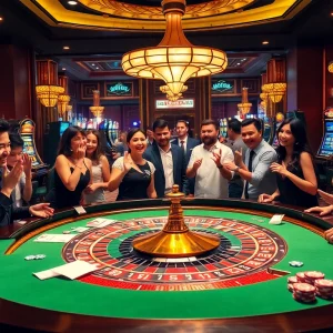 Experience the thrill of '98 win' at a luxurious casino table with diverse players engaged in high-stakes excitement.