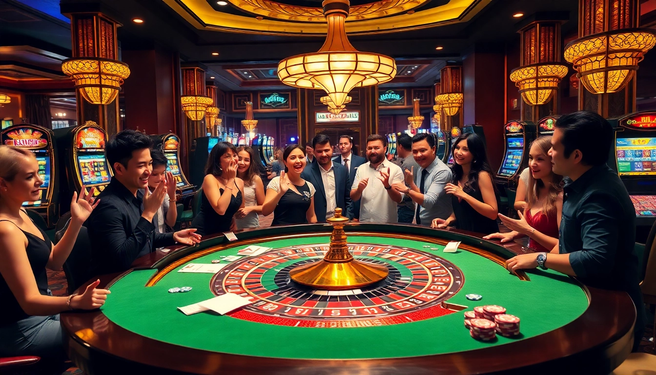 Experience the thrill of '98 win' at a luxurious casino table with diverse players engaged in high-stakes excitement.