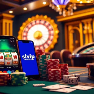 Experience engaging gameplay on slvip1.com.ph with vibrant slot machines and poker chips.
