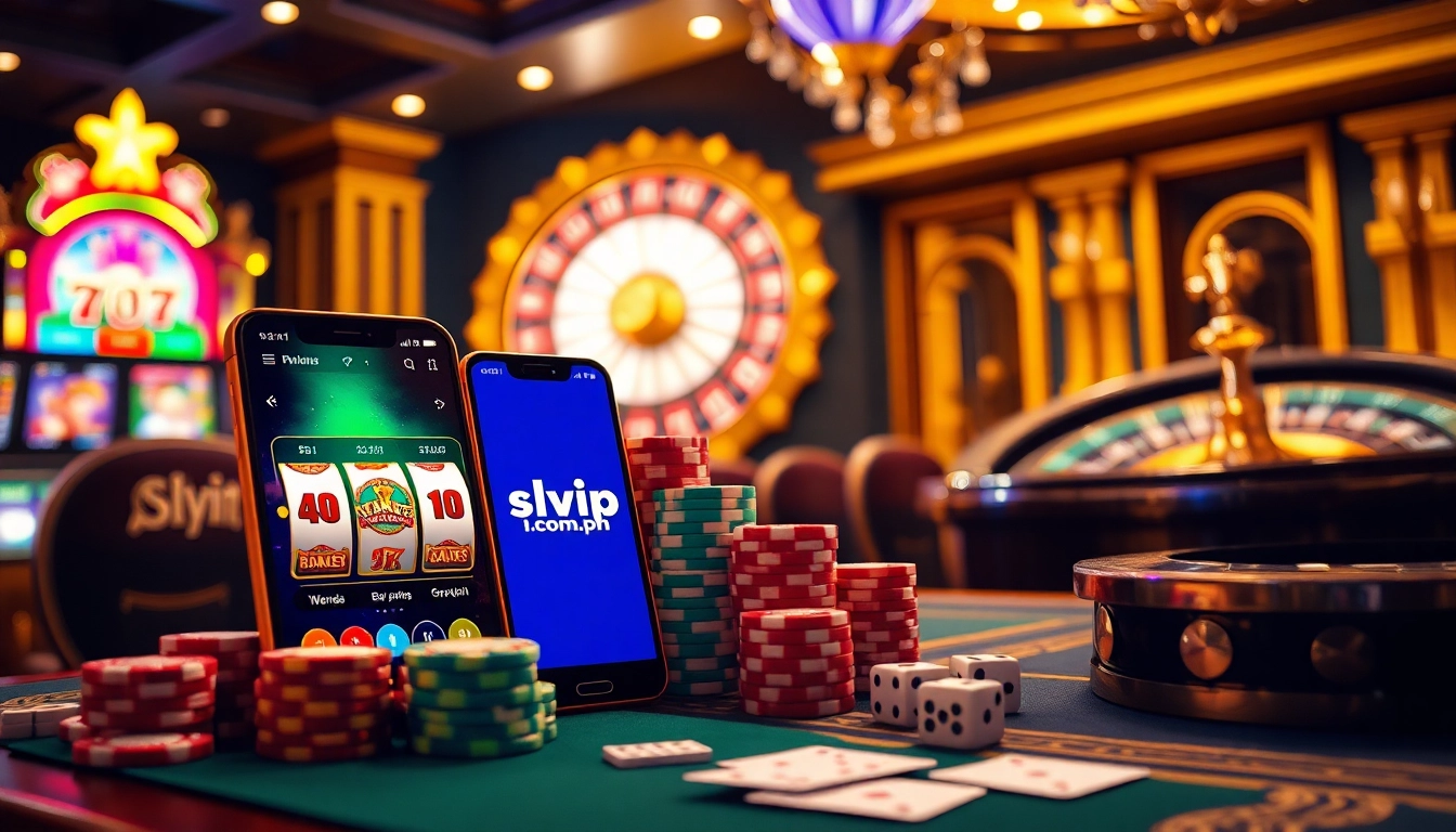 Experience engaging gameplay on slvip1.com.ph with vibrant slot machines and poker chips.