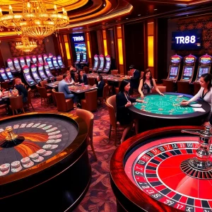 Experience the thrill of tr88 as players engage at luxurious poker tables in a vibrant casino.