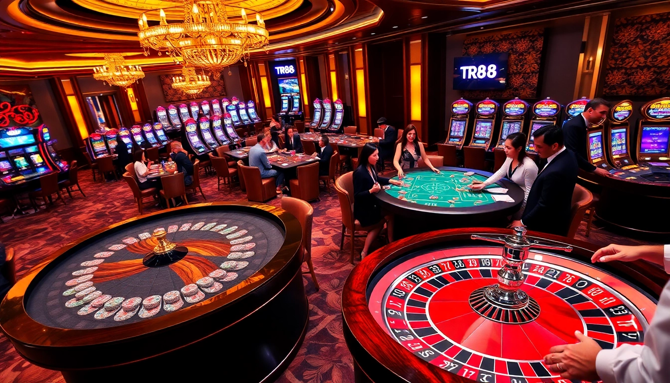 Experience the thrill of tr88 as players engage at luxurious poker tables in a vibrant casino.