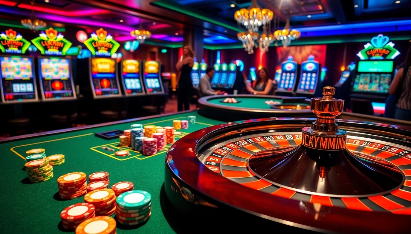 Experience thrilling gameplay at lucky.win, capturing excitement with a roulette table and poker chips backdrop.