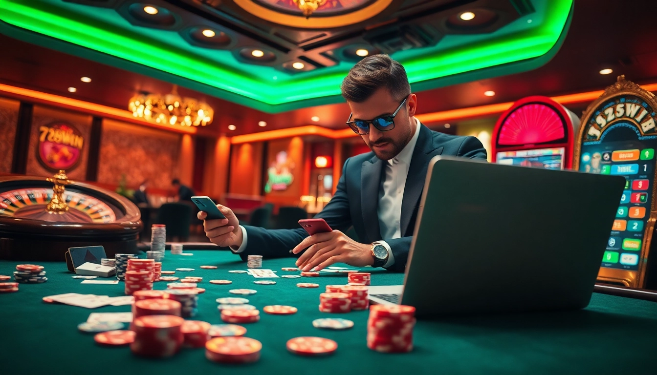 Engaging in exciting online gambling action with 789win at a vibrant casino table featuring poker chips, cards, and roulette.