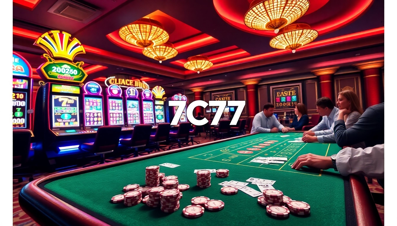 Intense gameplay at 7C77 casino with vibrant slot machines and stylish poker action.