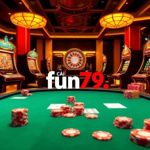 Experience the thrill at nhà cái fun79 with vibrant casino tables and slot machines, capturing the excitement of online play.