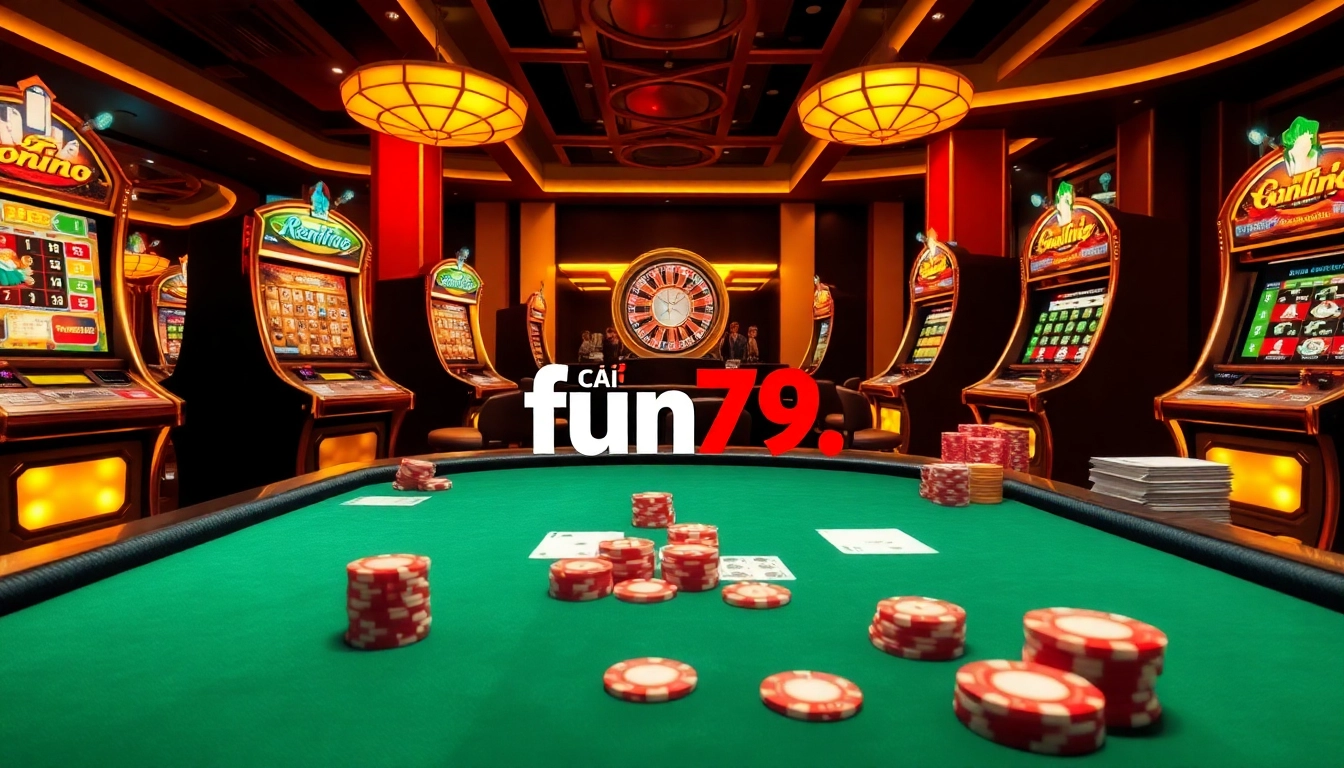 Experience the thrill at nhà cái fun79 with vibrant casino tables and slot machines, capturing the excitement of online play.