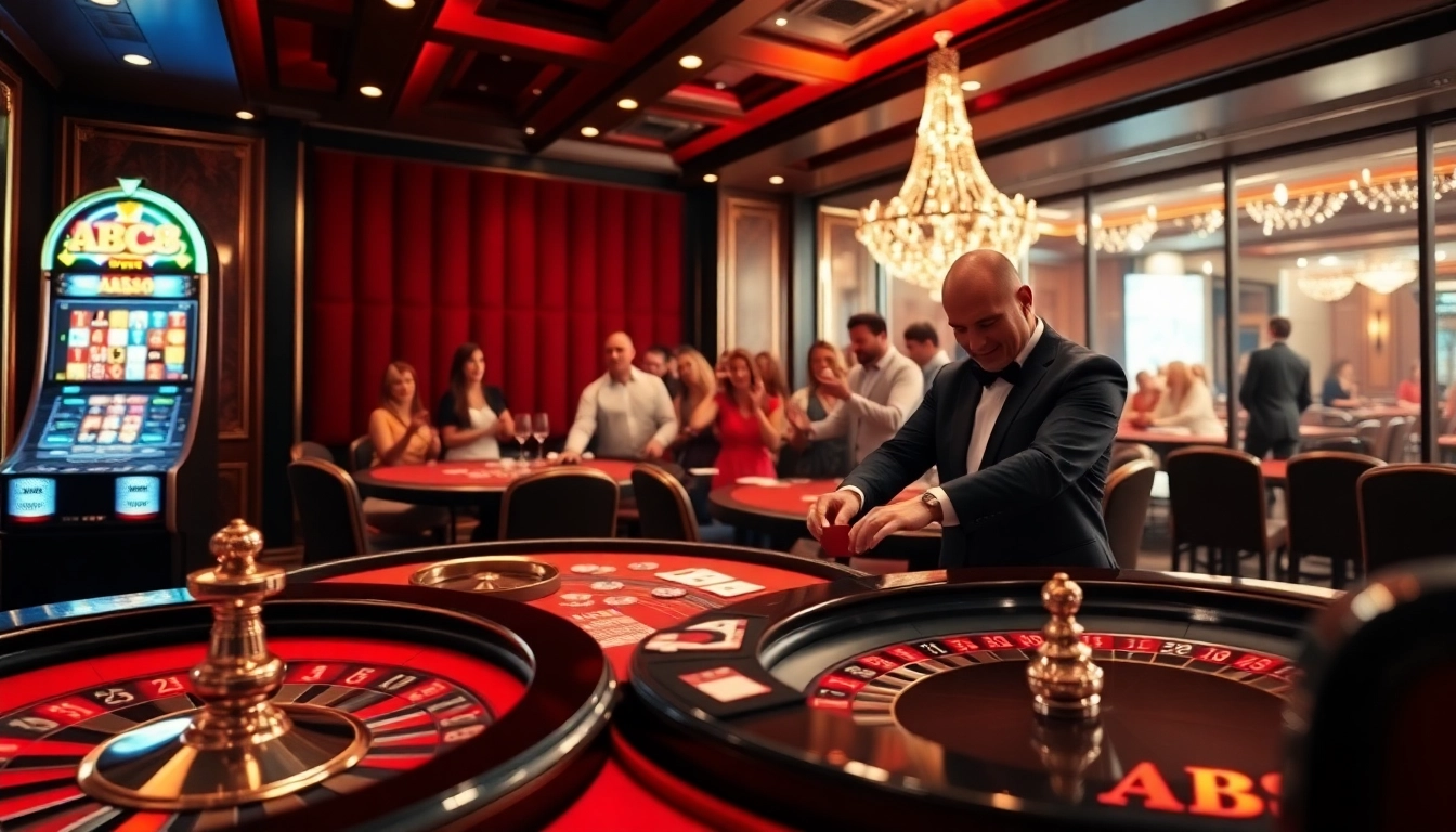 Exciting casino scene depicting players engaged in ABC8 blackjack and roulette games.