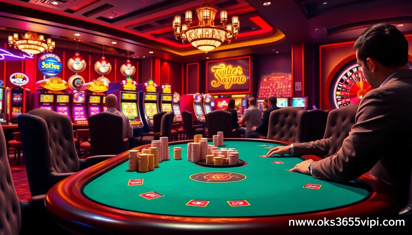 Engaged players at a poker table illustrate the excitement at https://ok365vvip.com/, showcasing luxury and strategy.