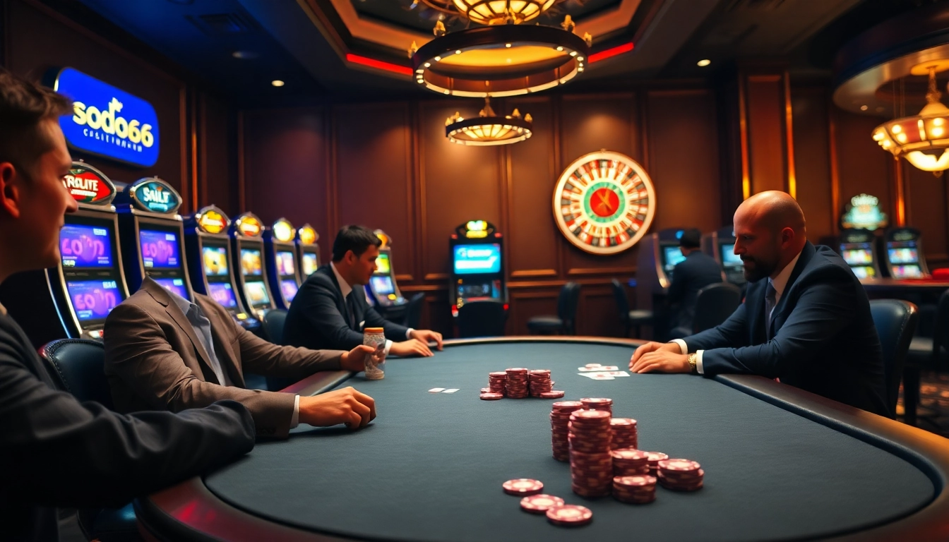 Experience high-stakes gaming at sodo66 casino with vibrant poker tables and slot machines.