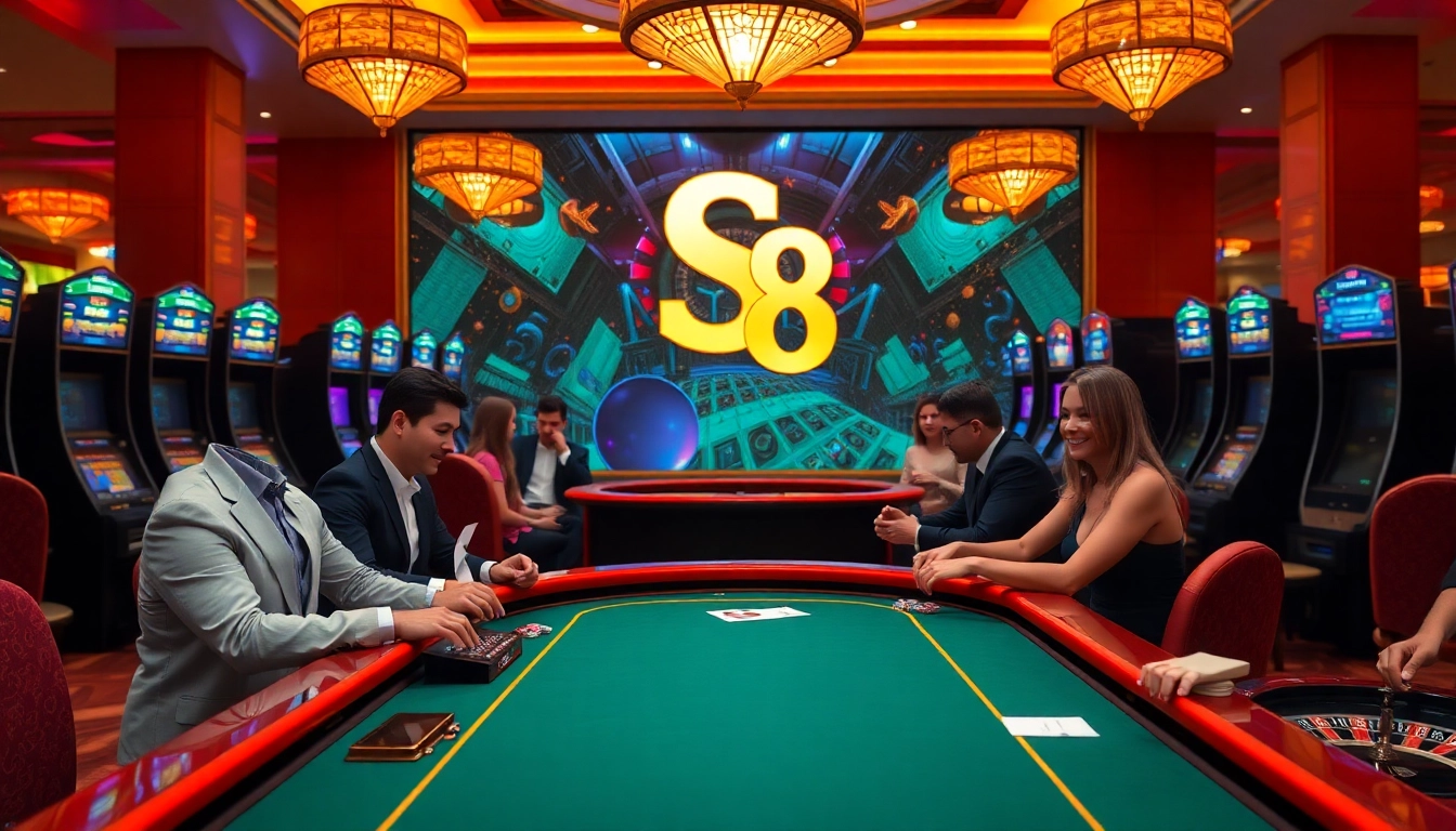 Experience exhilarating gameplay at S8's online casino with lively poker tables and vibrant slot machines.