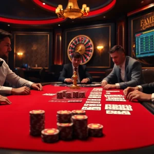 Players strategizing at a f168-themed luxury casino table with poker chips and cards.