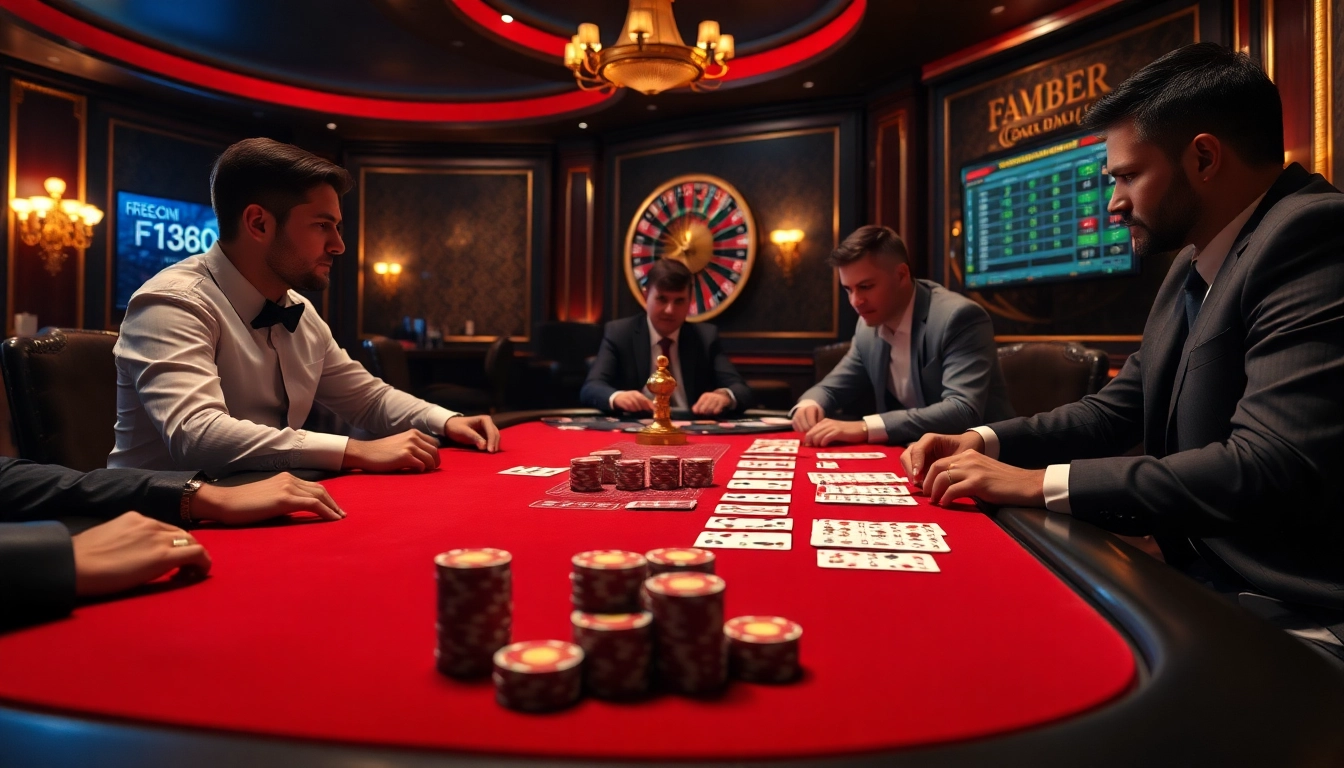 Players strategizing at a f168-themed luxury casino table with poker chips and cards.