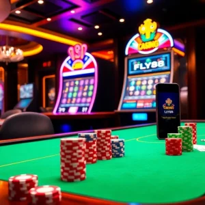 Experience the excitement of nhà cái FLY88 with a vibrant casino environment showcasing games and professional dealers.