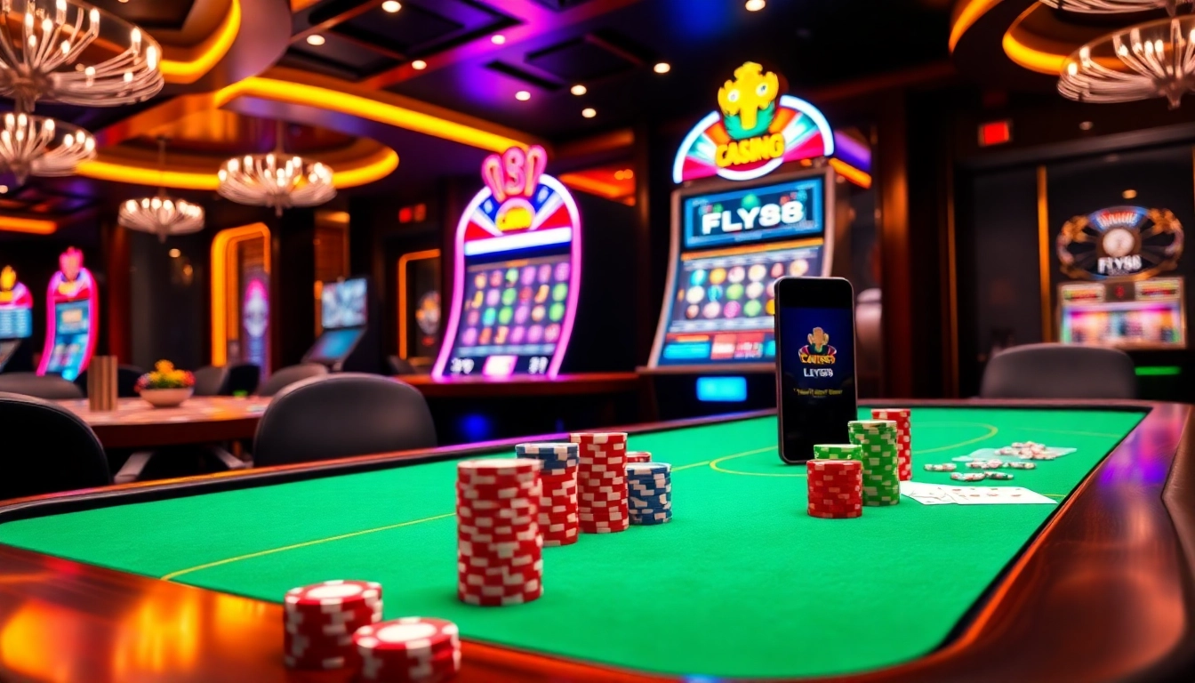 Experience the excitement of nhà cái FLY88 with a vibrant casino environment showcasing games and professional dealers.
