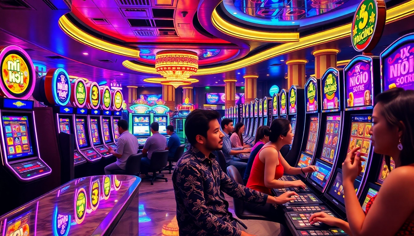 Experience nổ hũ excitement in a luxurious casino setting with vibrant slot machines.