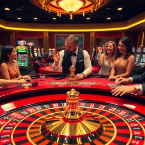 ABC 8 players winning at a luxurious casino table, celebrating their victories with poker chips and cards.