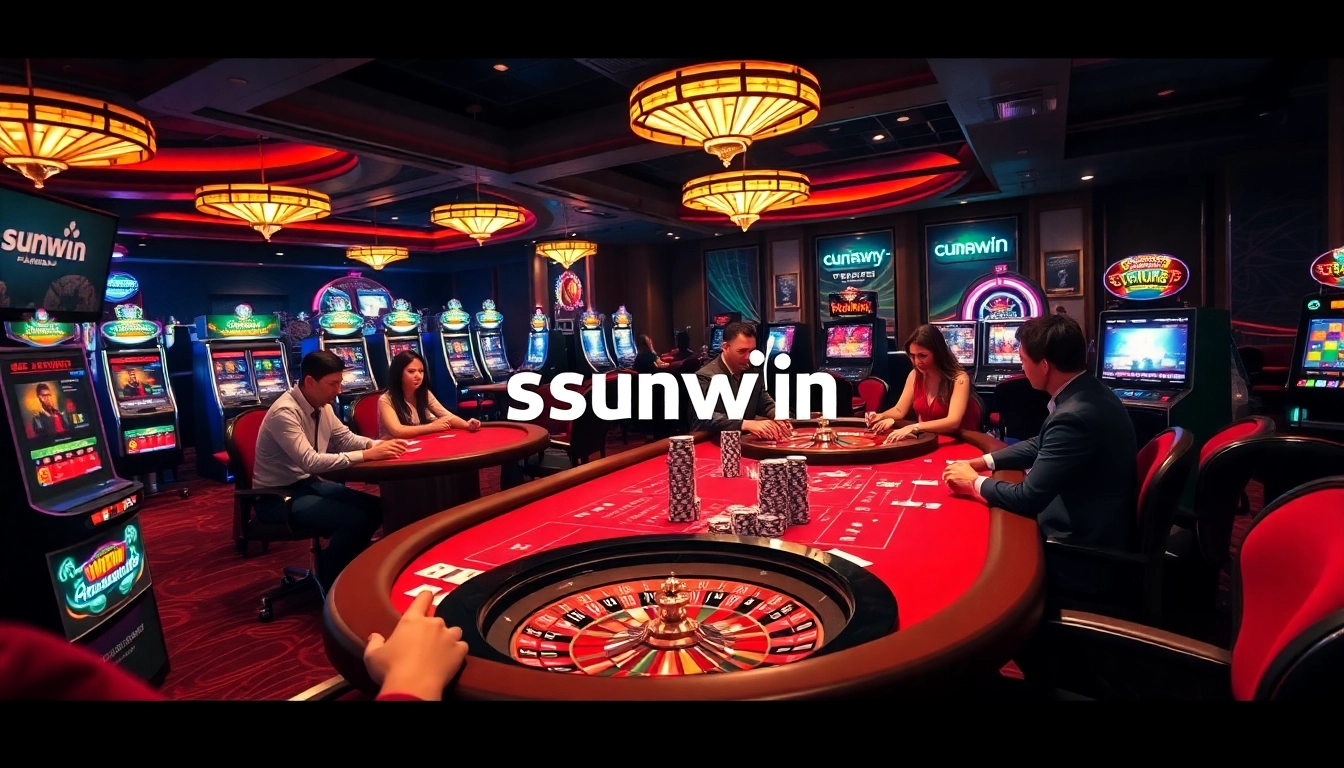 Experience thrilling gameplay at Sunwin casino tables, featuring vibrant poker activities and luxe setting.