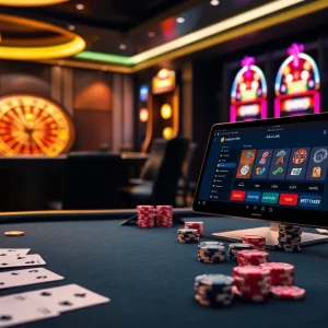 A thrilling online casino scene showcasing the Alo789 Link with poker chips, cards, and a roulette wheel.