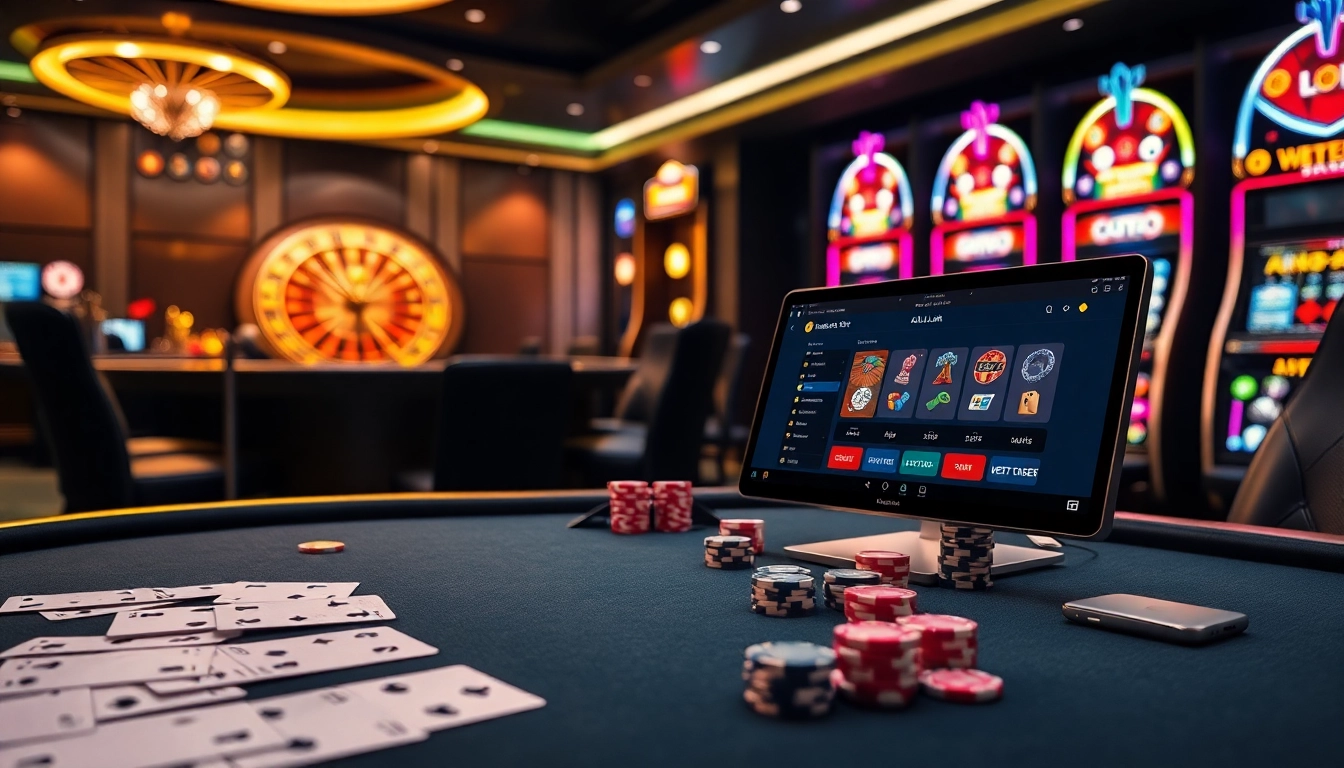 A thrilling online casino scene showcasing the Alo789 Link with poker chips, cards, and a roulette wheel.
