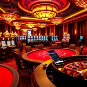 Experience the excitement of the 888vnd app in a luxurious casino setting with poker tables and slot machines.