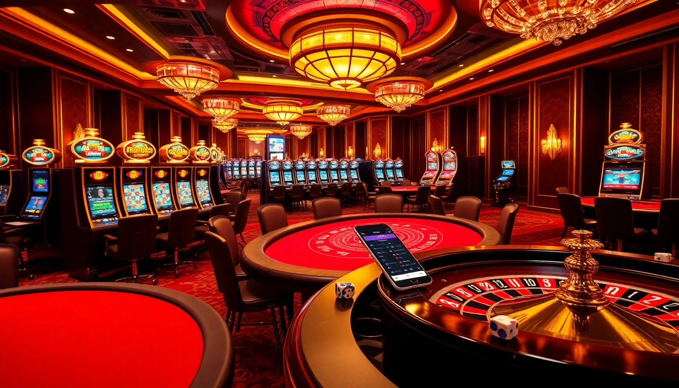 Experience the excitement of the 888vnd app in a luxurious casino setting with poker tables and slot machines.