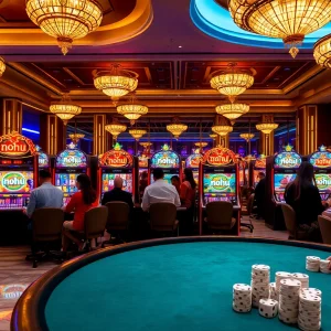 Nohu slot machines featuring vibrant displays in a luxurious casino atmosphere, capturing the thrill of gambling.