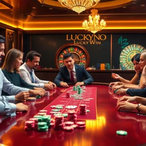Exciting poker game scene at Luckywin, showcasing players with chips and cards in a luxurious casino.