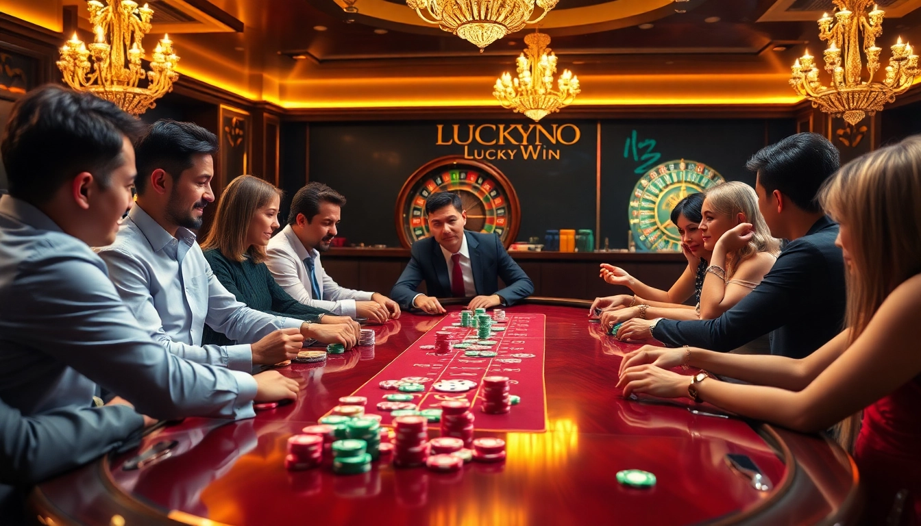 Exciting poker game scene at Luckywin, showcasing players with chips and cards in a luxurious casino.