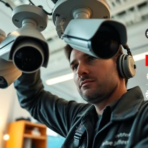 Soporte técnico en cámaras de seguridad, instalación realizada por un técnico calificado en un entorno de oficina moderno.