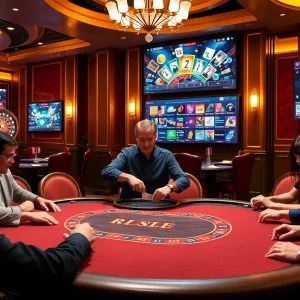 Experience thrilling poker action at https://www.ok8386a.org/ with players and cards in a luxurious casino setting.