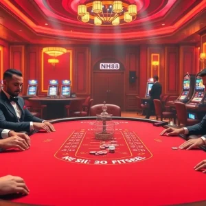 Player celebrates a win at NH88 poker table surrounded by vibrant casino decor.