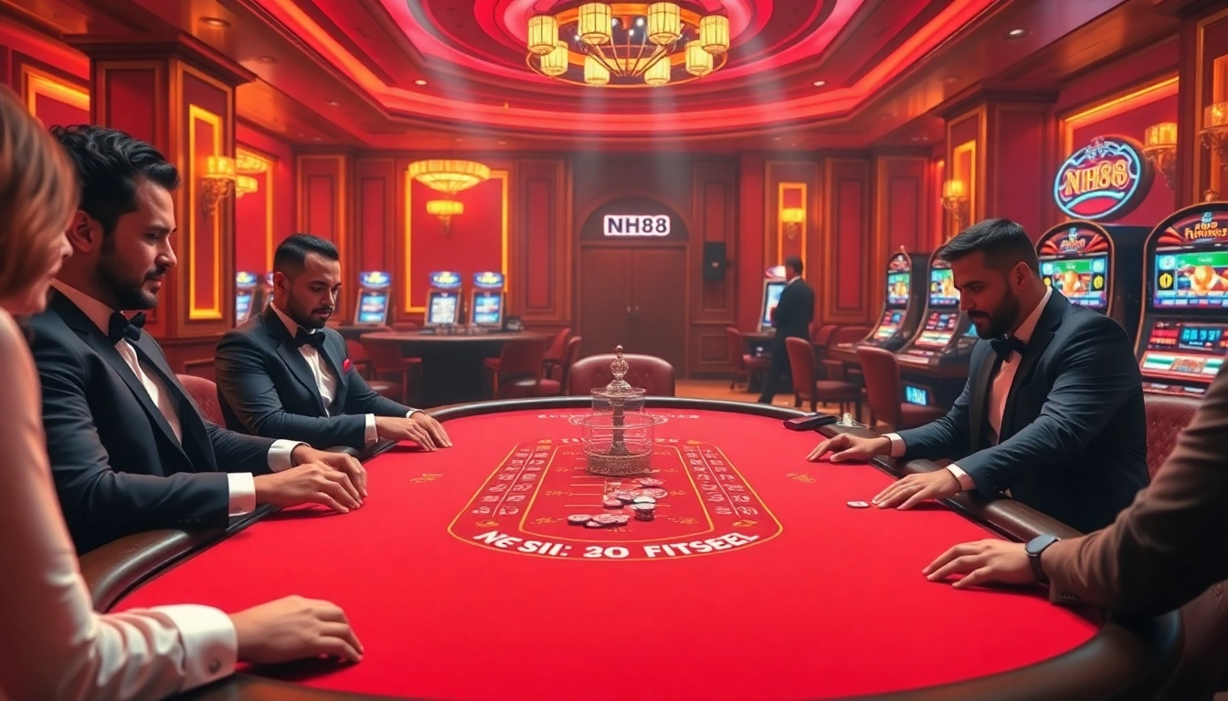 Player celebrates a win at NH88 poker table surrounded by vibrant casino decor.