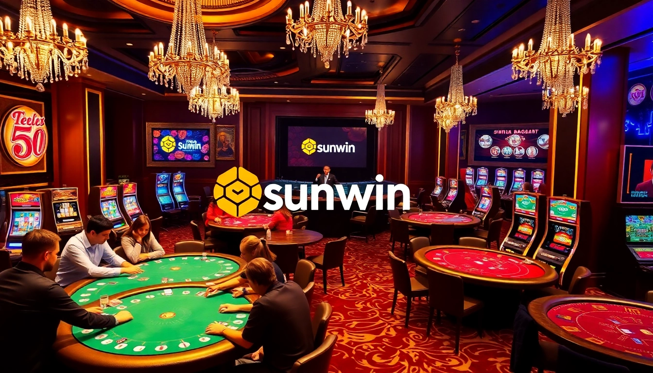 The excitement of Sunwin online gaming captured in a luxurious casino setting with poker tables and slot machines.