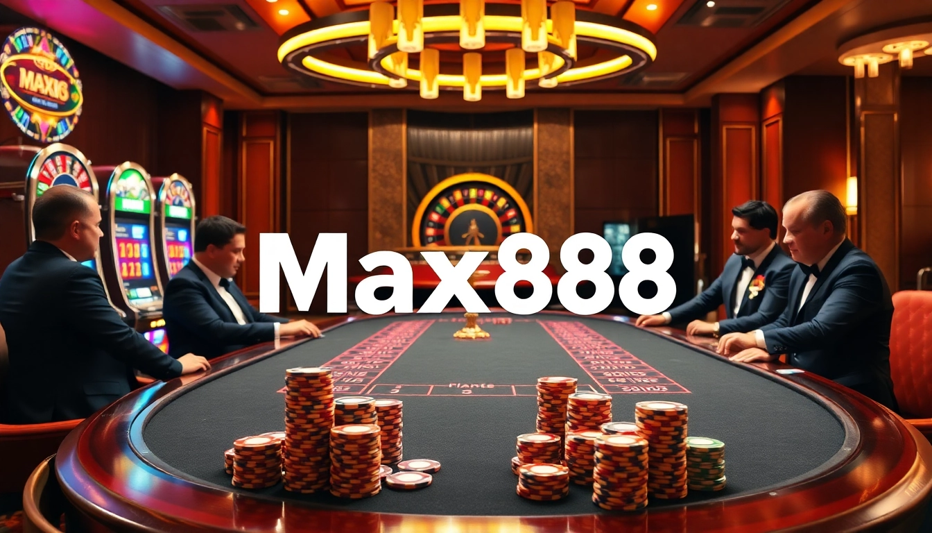 Active players engaged at a luxurious Max88 poker table, surrounded by vibrant casino games.