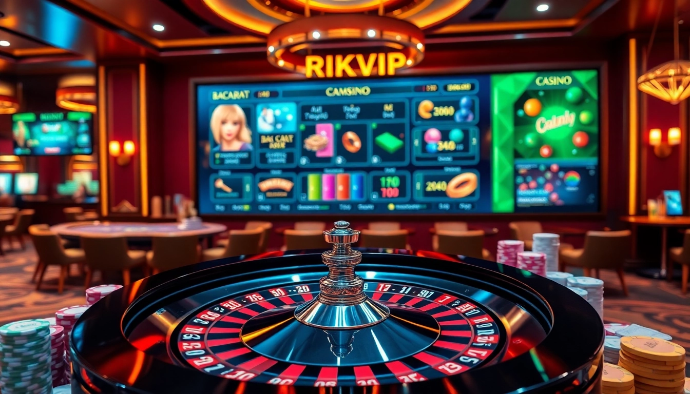 Experience the vibrant atmosphere of RIKVIP with a luxurious casino scene showcasing roulette and poker.