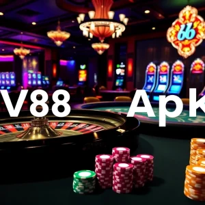 Experience the thrill of online gambling with ev88 apk on a vibrant casino floor, featuring roulette and poker.