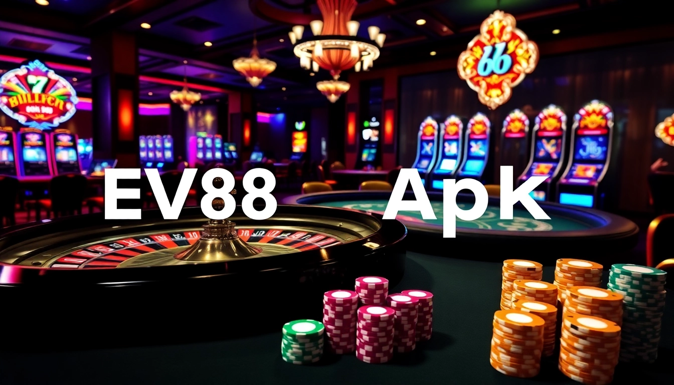 Experience the thrill of online gambling with ev88 apk on a vibrant casino floor, featuring roulette and poker.