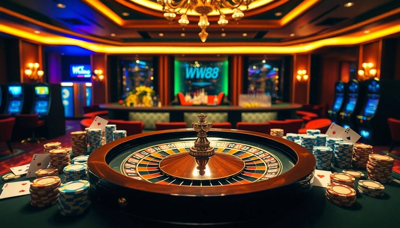 Experience the excitement of WW88 with a luxurious casino scene featuring roulette and poker elements.