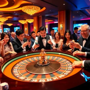Players enjoying a thrilling roulette game at S8.com casino, surrounded by vibrant lights and poker chips.