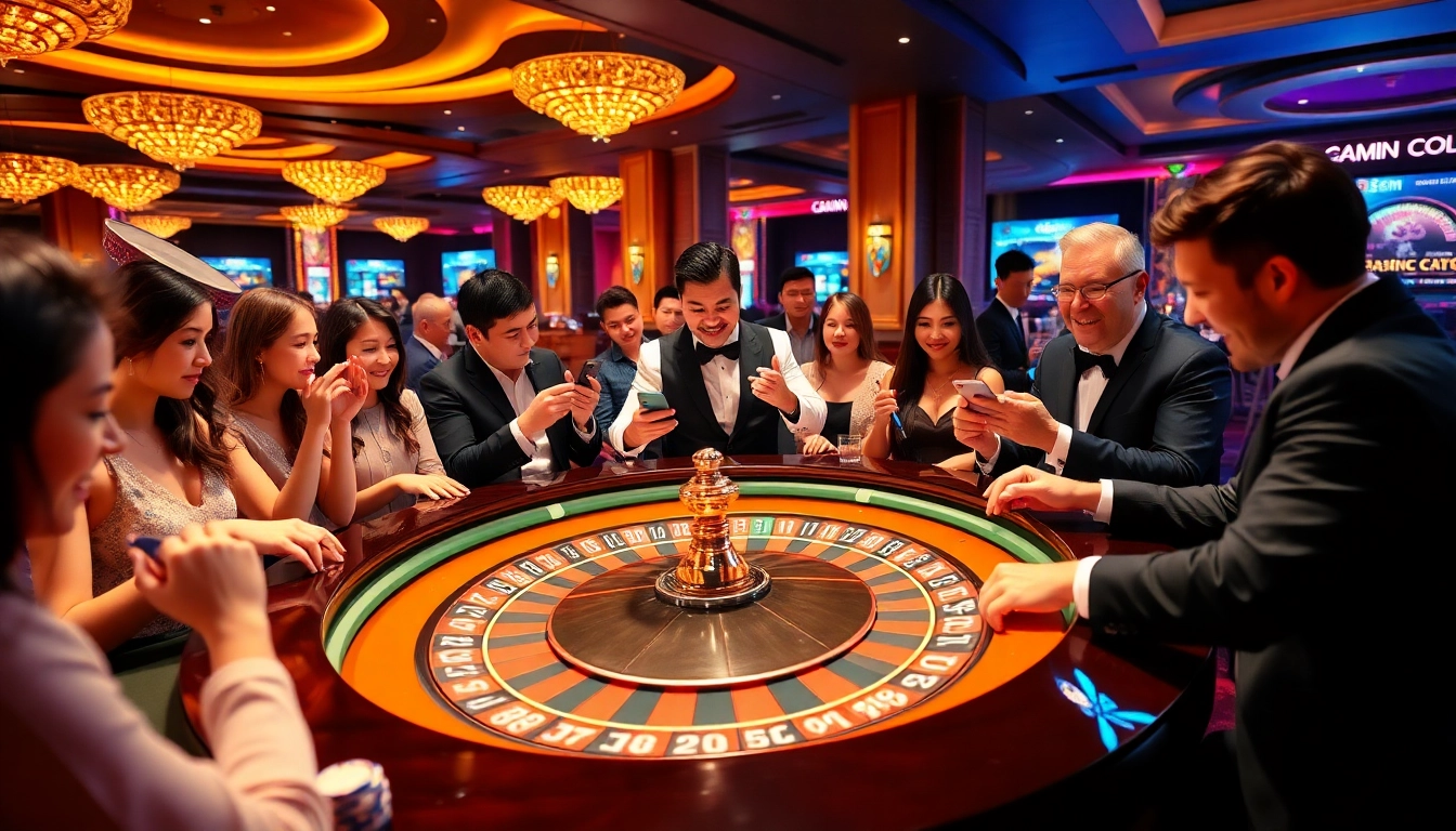 Players enjoying a thrilling roulette game at S8.com casino, surrounded by vibrant lights and poker chips.