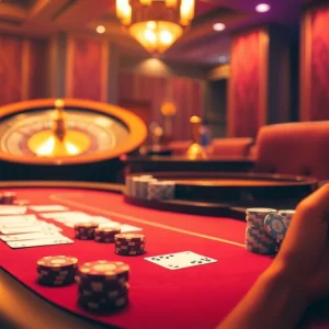 Experience the thrill of BJ88 with stacked poker chips and cards in an elegantly designed casino.