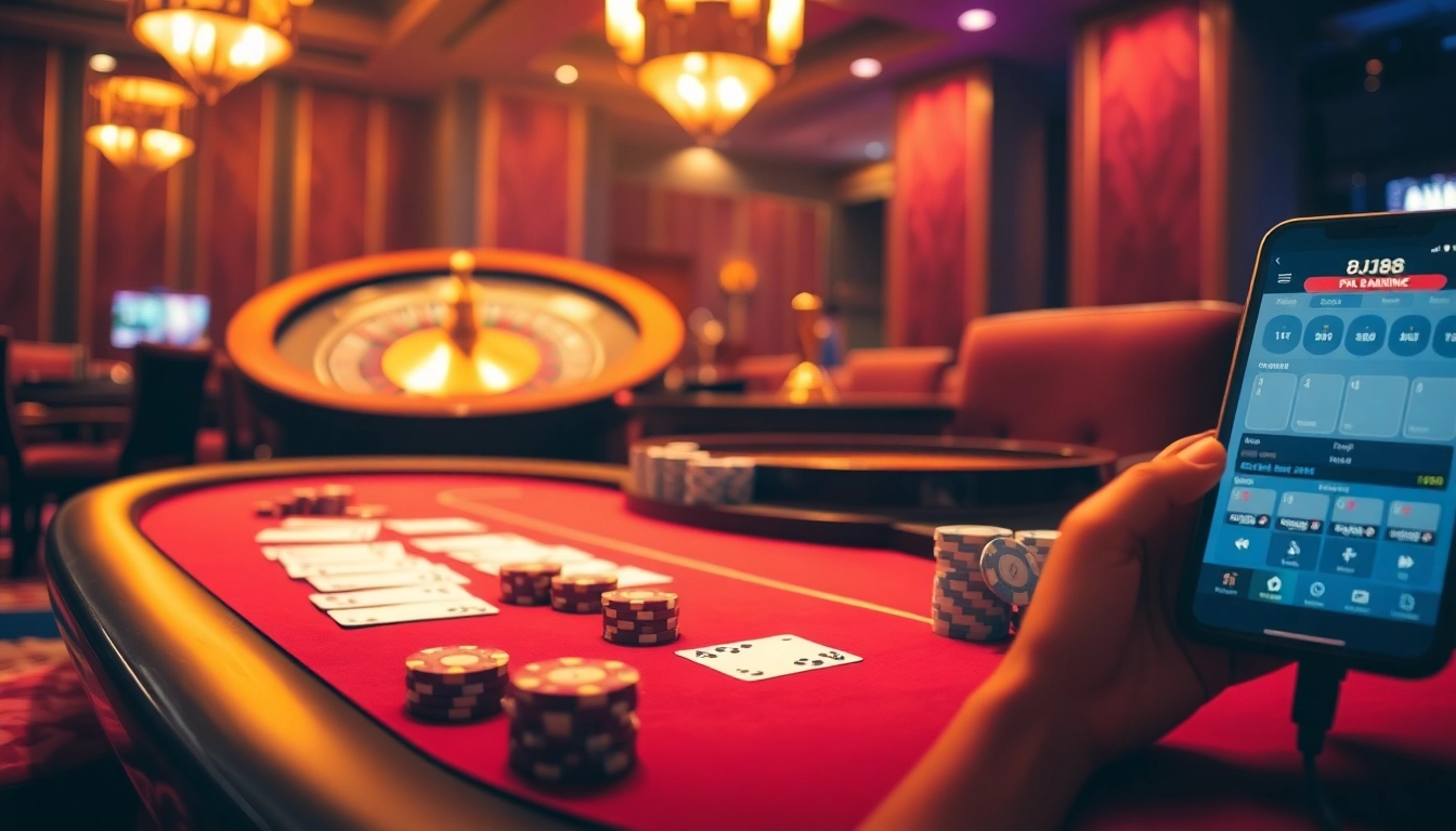 Experience the thrill of BJ88 with stacked poker chips and cards in an elegantly designed casino.