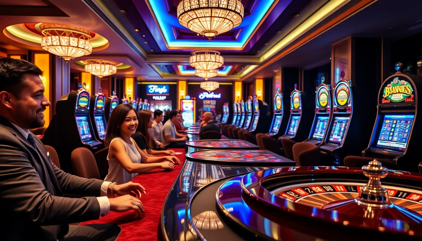 789club gaming lounge showcasing players enjoying poker and slot machines in a vibrant casino atmosphere.
