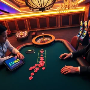 Experienced gamblers enjoy high-stakes gameplay at the ev88 casino, featuring elegant tables and vibrant chips.