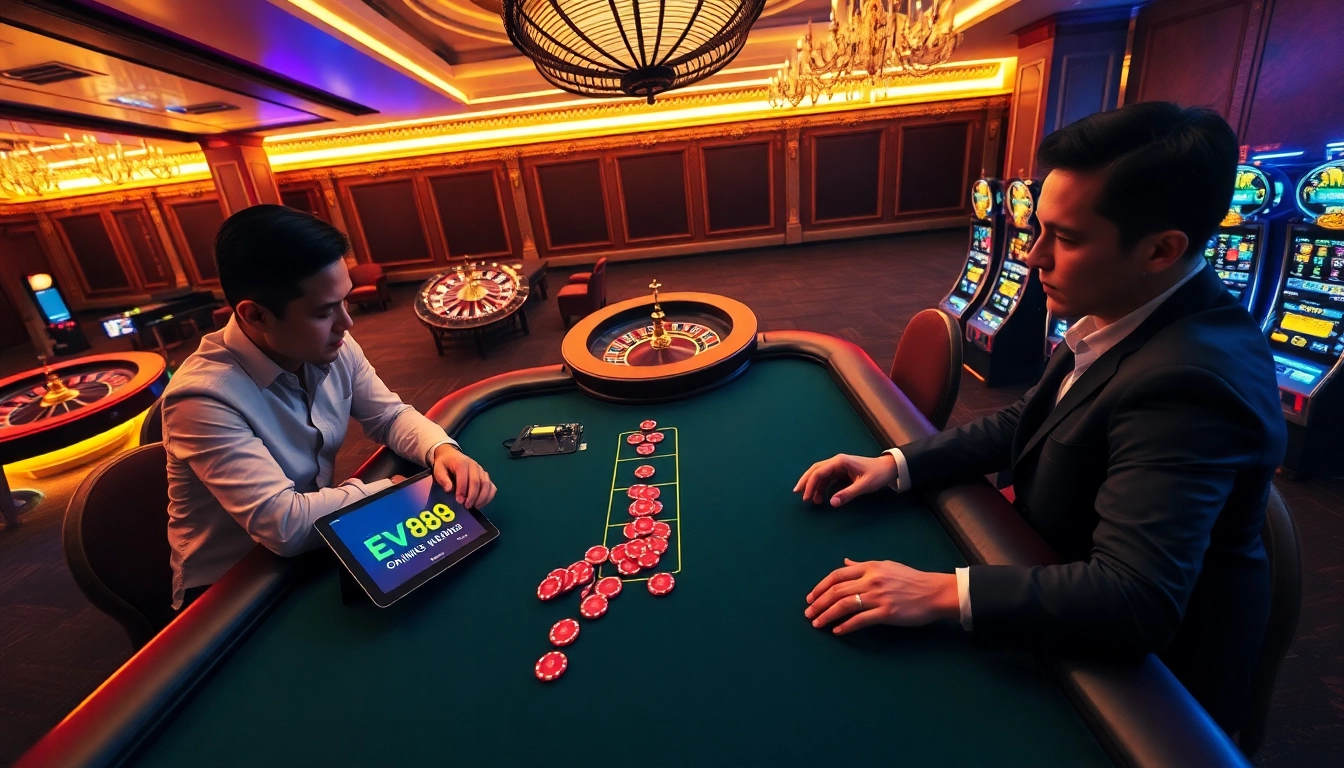 Experienced gamblers enjoy high-stakes gameplay at the ev88 casino, featuring elegant tables and vibrant chips.