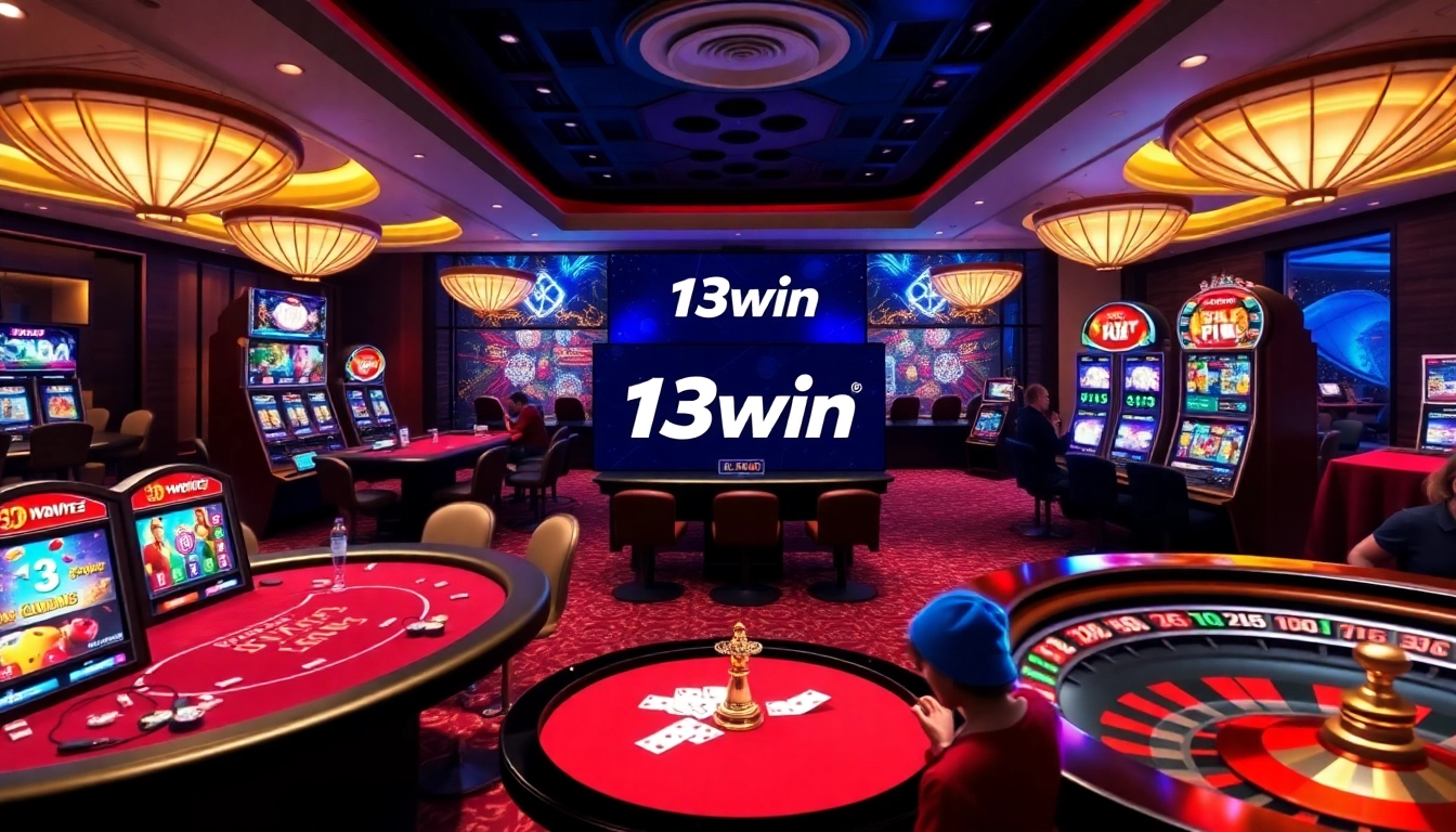 Exciting gaming scene at 13win online casino featuring poker tables and slot machines.
